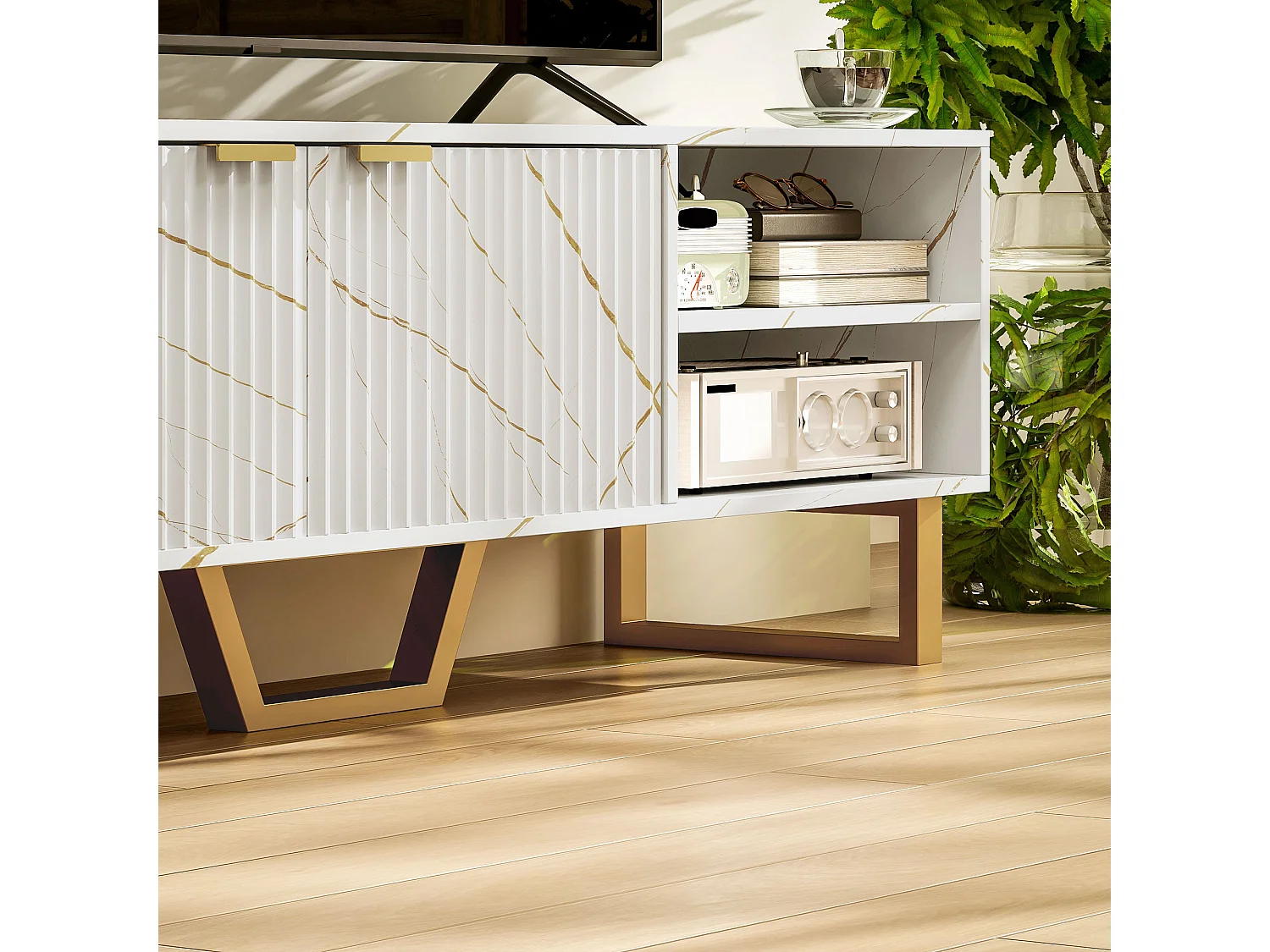 Veriri 140cm White Marble Effect TV Unit with Fluted Doors and Gold Accents for TVs up to 70 inches