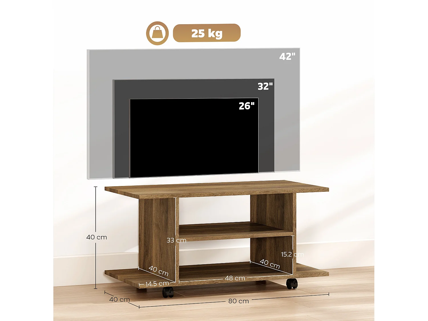 Avavello 80cm Walnut Mobile TV Storage Unit with Shelves