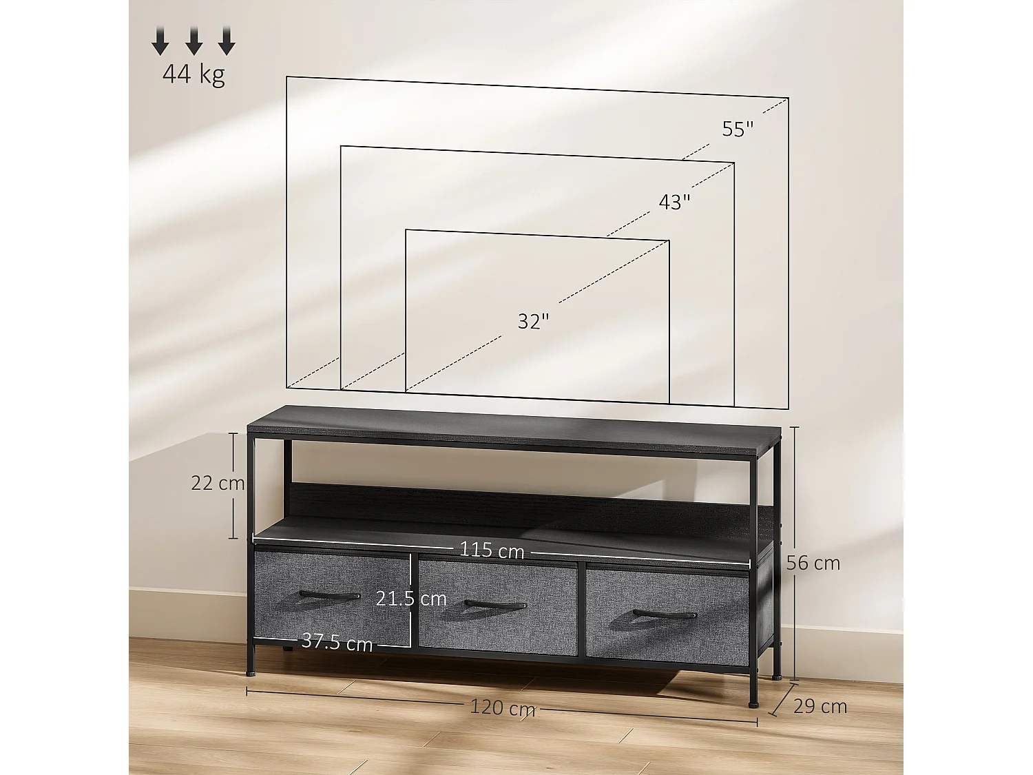 Avanor 120cm Black TV Storage Unit with 3 Foldable Fabric Drawers