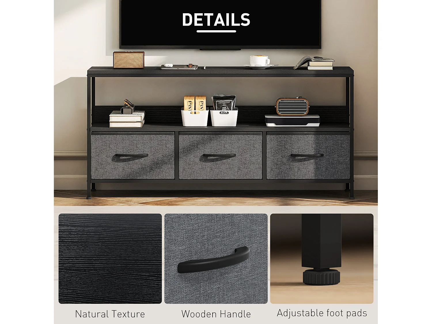 Avanor 120cm Black TV Storage Unit with 3 Foldable Fabric Drawers