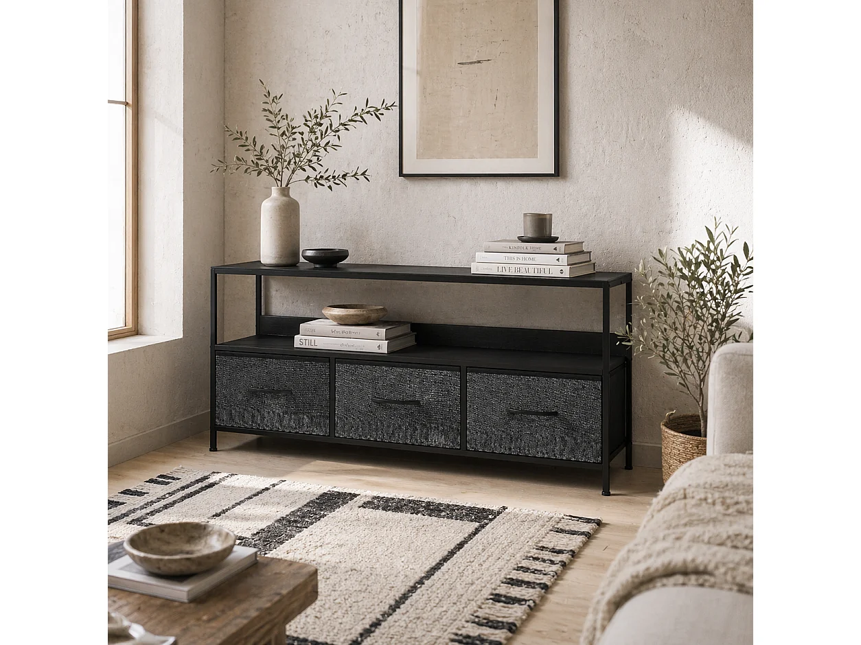 Avanor 120cm Black TV Storage Unit with 3 Foldable Fabric Drawers
