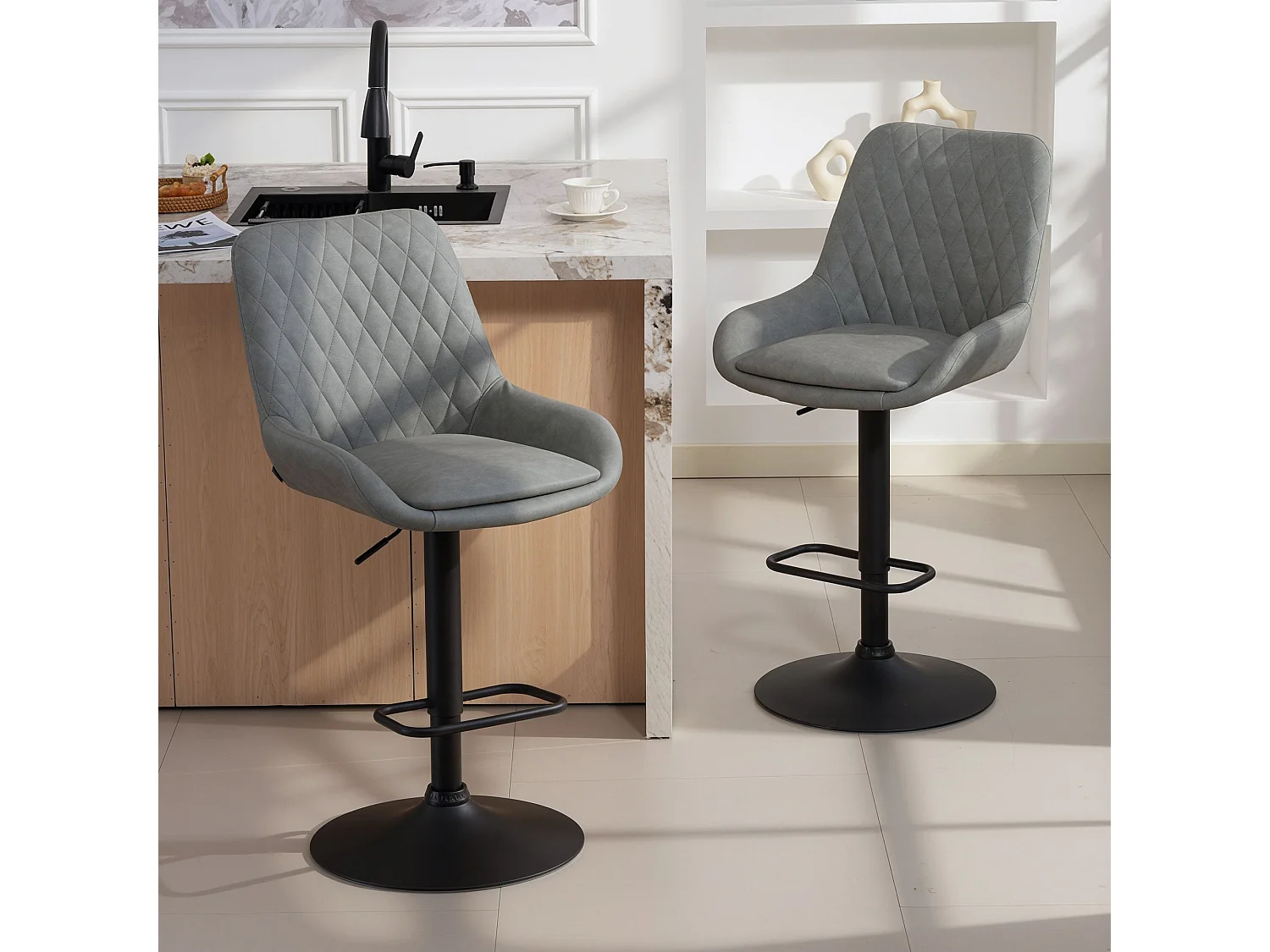 Taraneno Set of 2 Light Grey Faux Leather Retro Bar Chairs