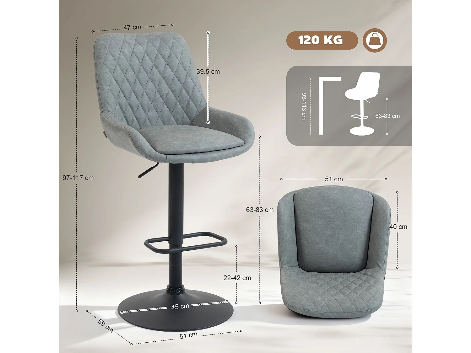Taraneno Set of 2 Light Grey Faux Leather Retro Bar Chairs