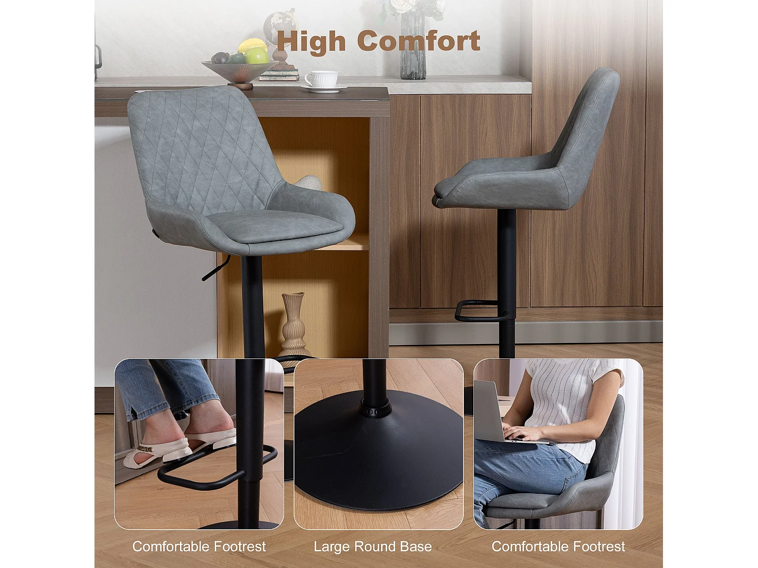 Taraneno Set of 2 Light Grey Faux Leather Retro Bar Chairs