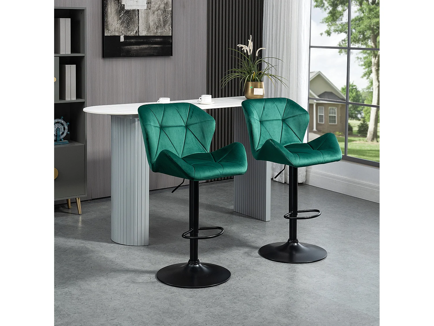 Somaveno Velvet Green Adjustable Bar Stools Set of 2 Metal Base with Footrest