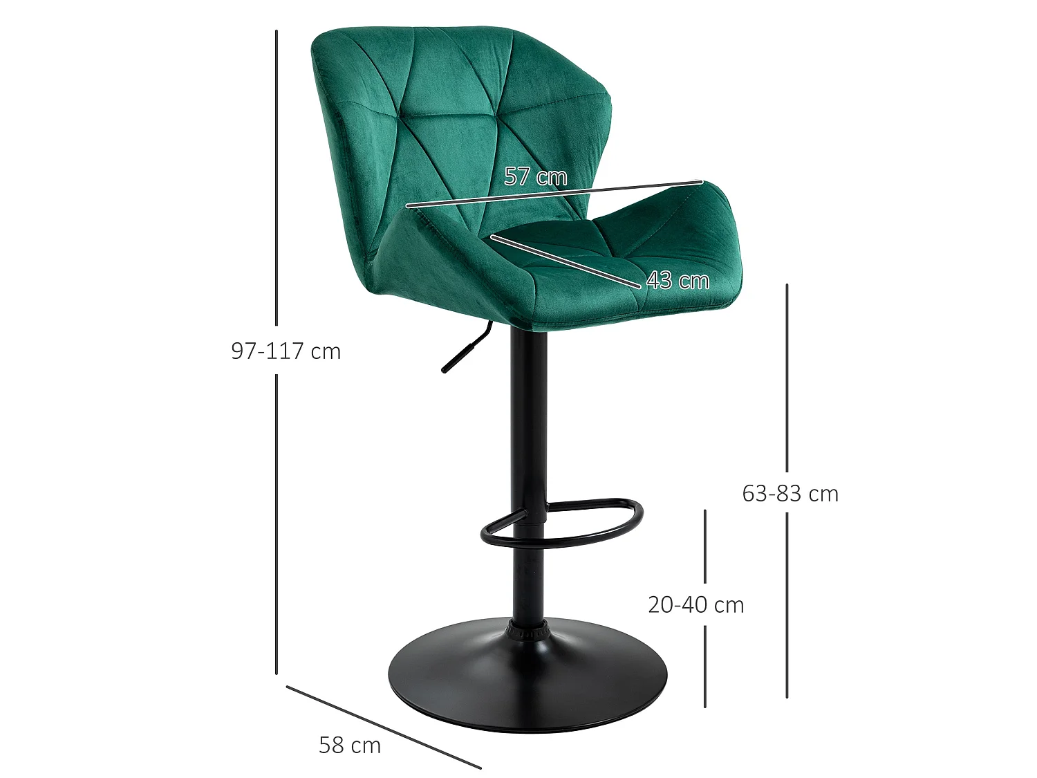 Somaveno Velvet Green Adjustable Bar Stools Set of 2 Metal Base with Footrest