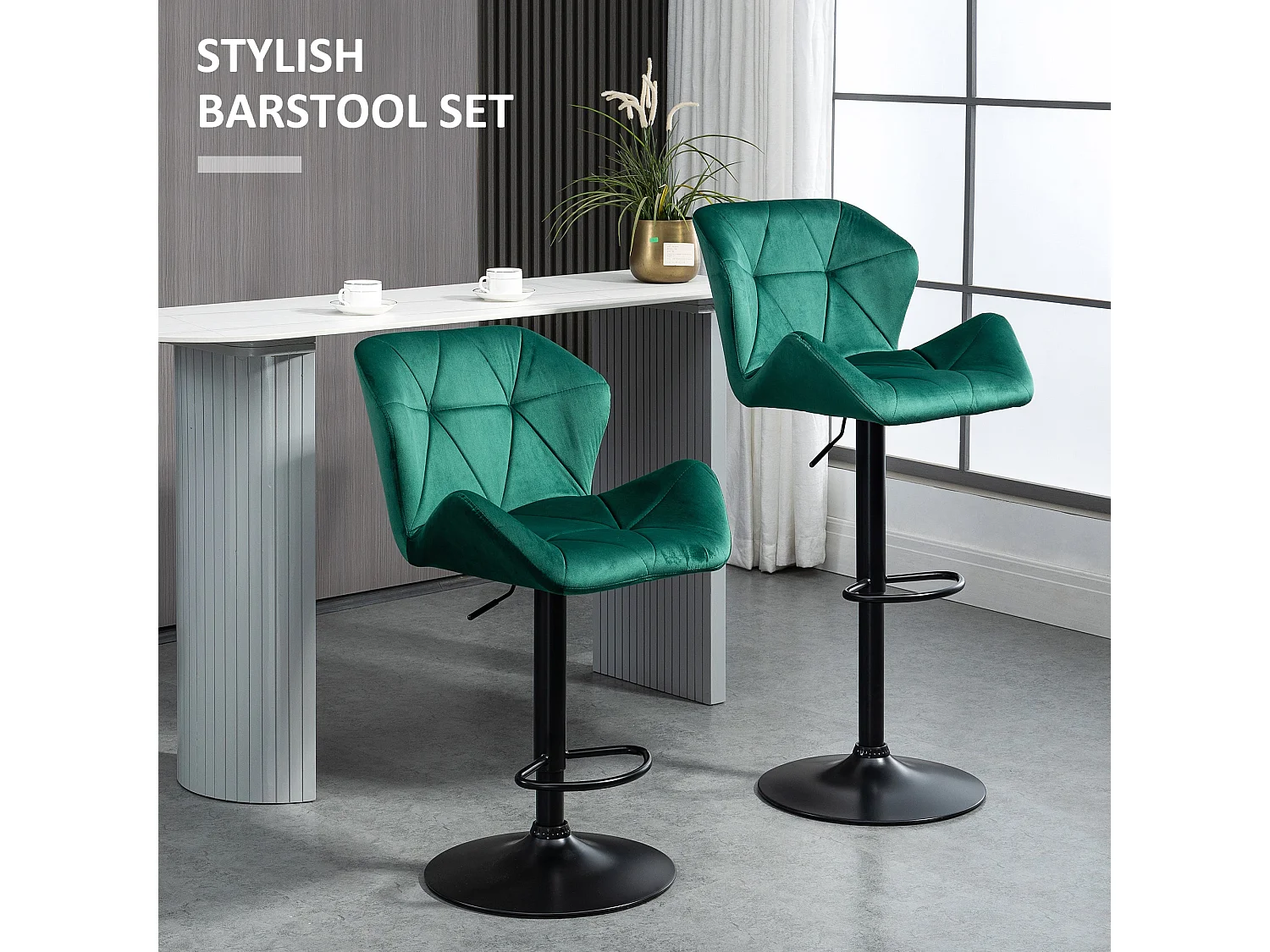 Somaveno Velvet Green Adjustable Bar Stools Set of 2 Metal Base with Footrest