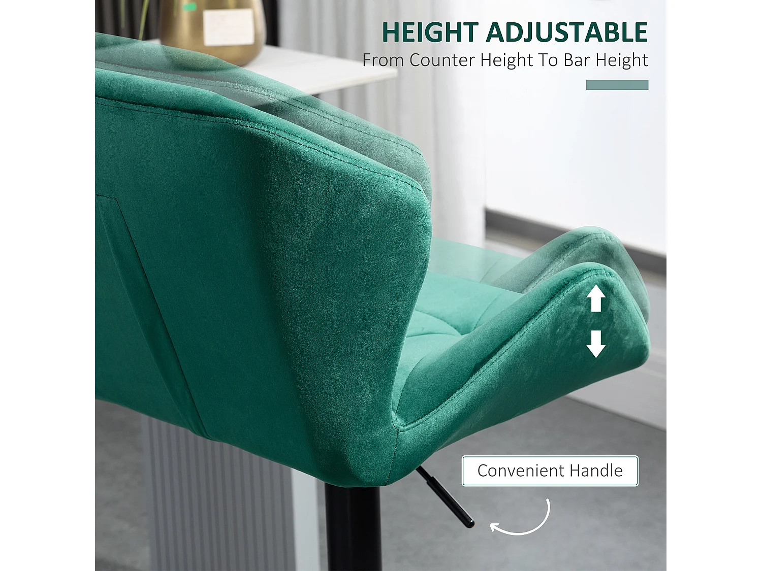 Somaveno Velvet Green Adjustable Bar Stools Set of 2 Metal Base with Footrest