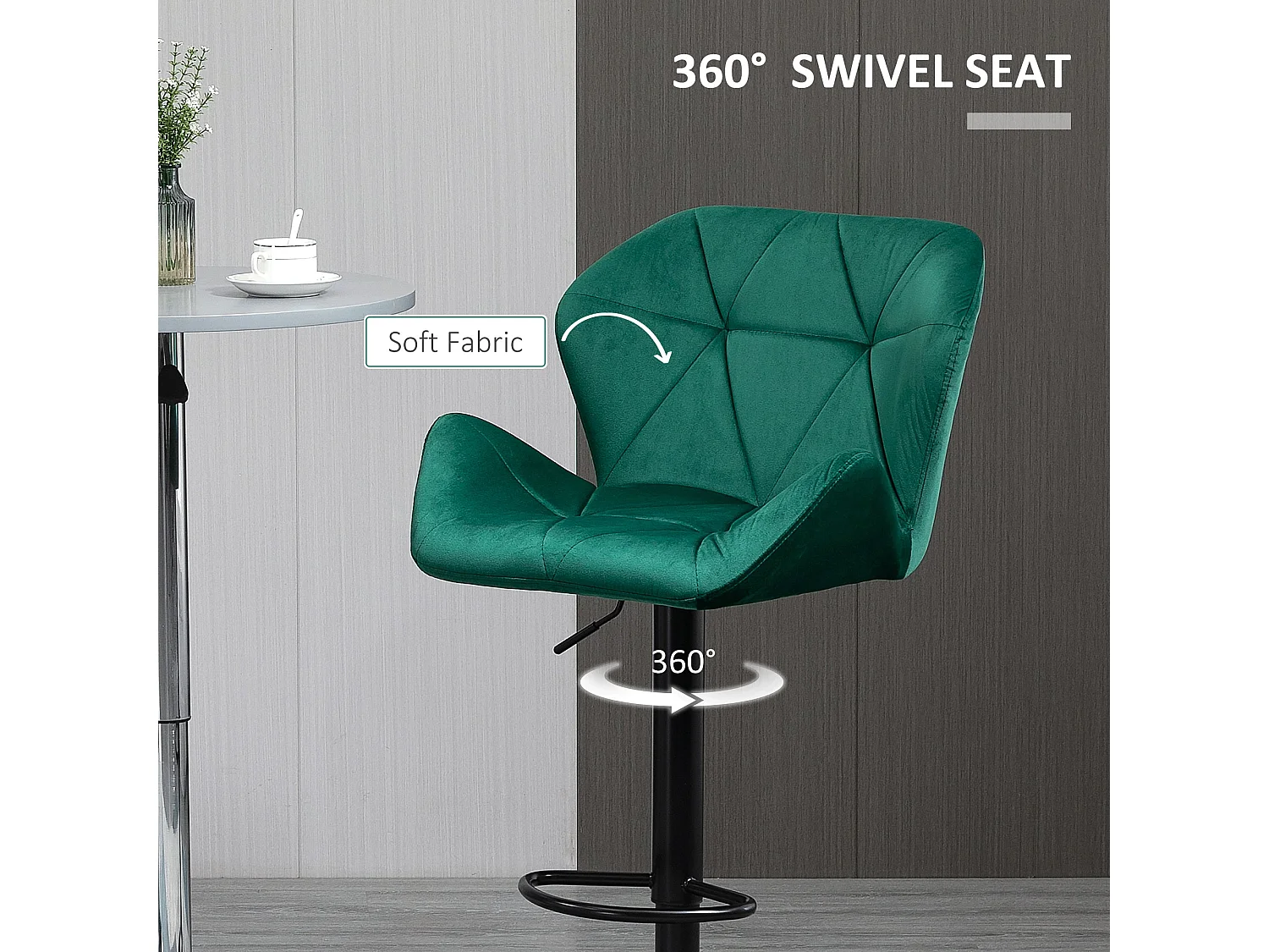 Somaveno Velvet Green Adjustable Bar Stools Set of 2 Metal Base with Footrest