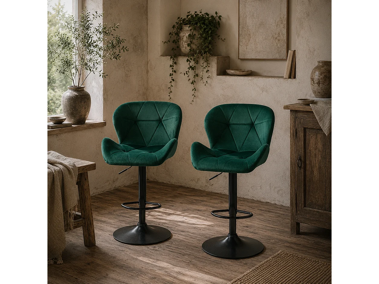 Somaveno Velvet Green Adjustable Bar Stools Set of 2 Metal Base with Footrest