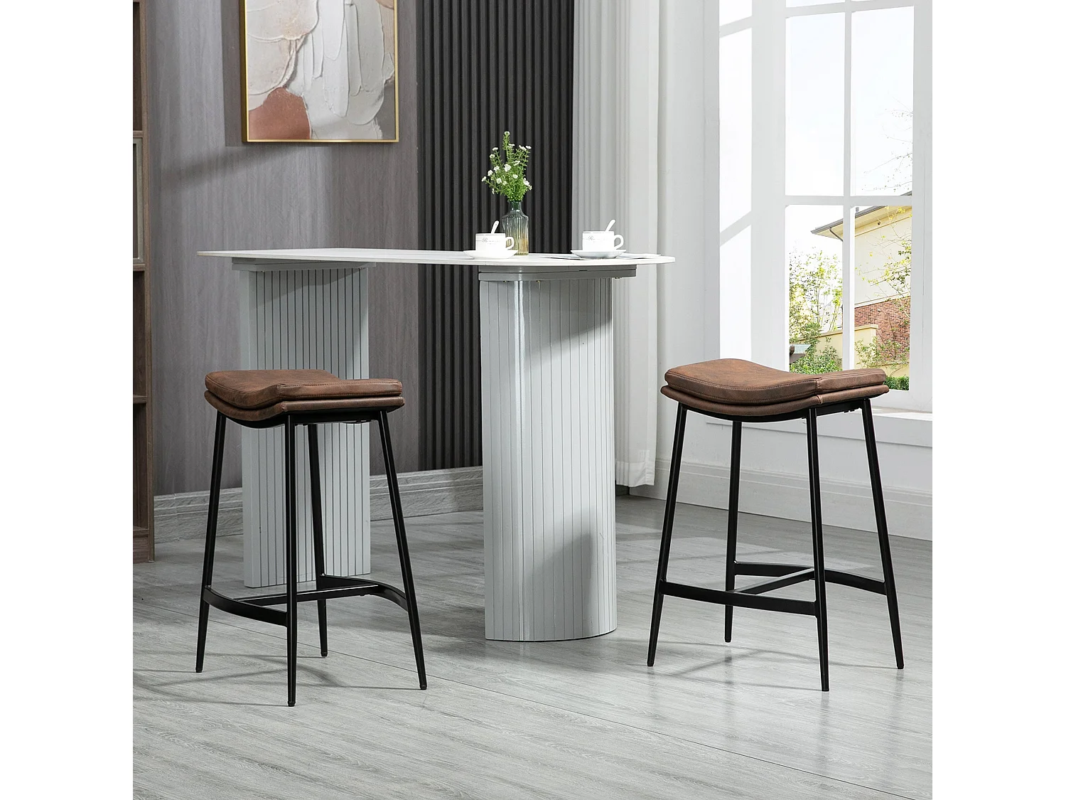 Noveha Set of 2 Brown Microfibre Industrial Breakfast Bar Stools 66cm Seat Height