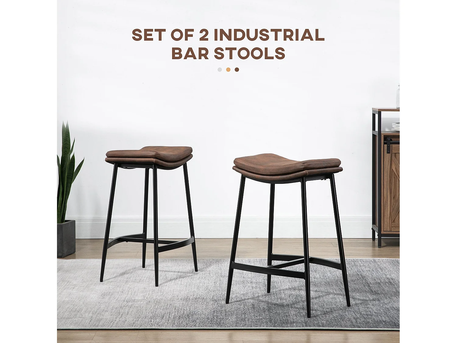 Noveha Set of 2 Brown Microfibre Industrial Breakfast Bar Stools 66cm Seat Height