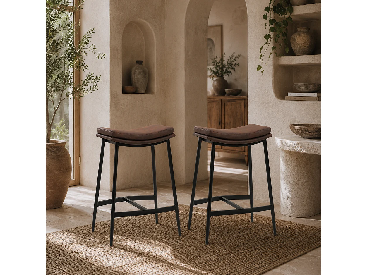 Noveha Set of 2 Brown Microfibre Industrial Breakfast Bar Stools 66cm Seat Height