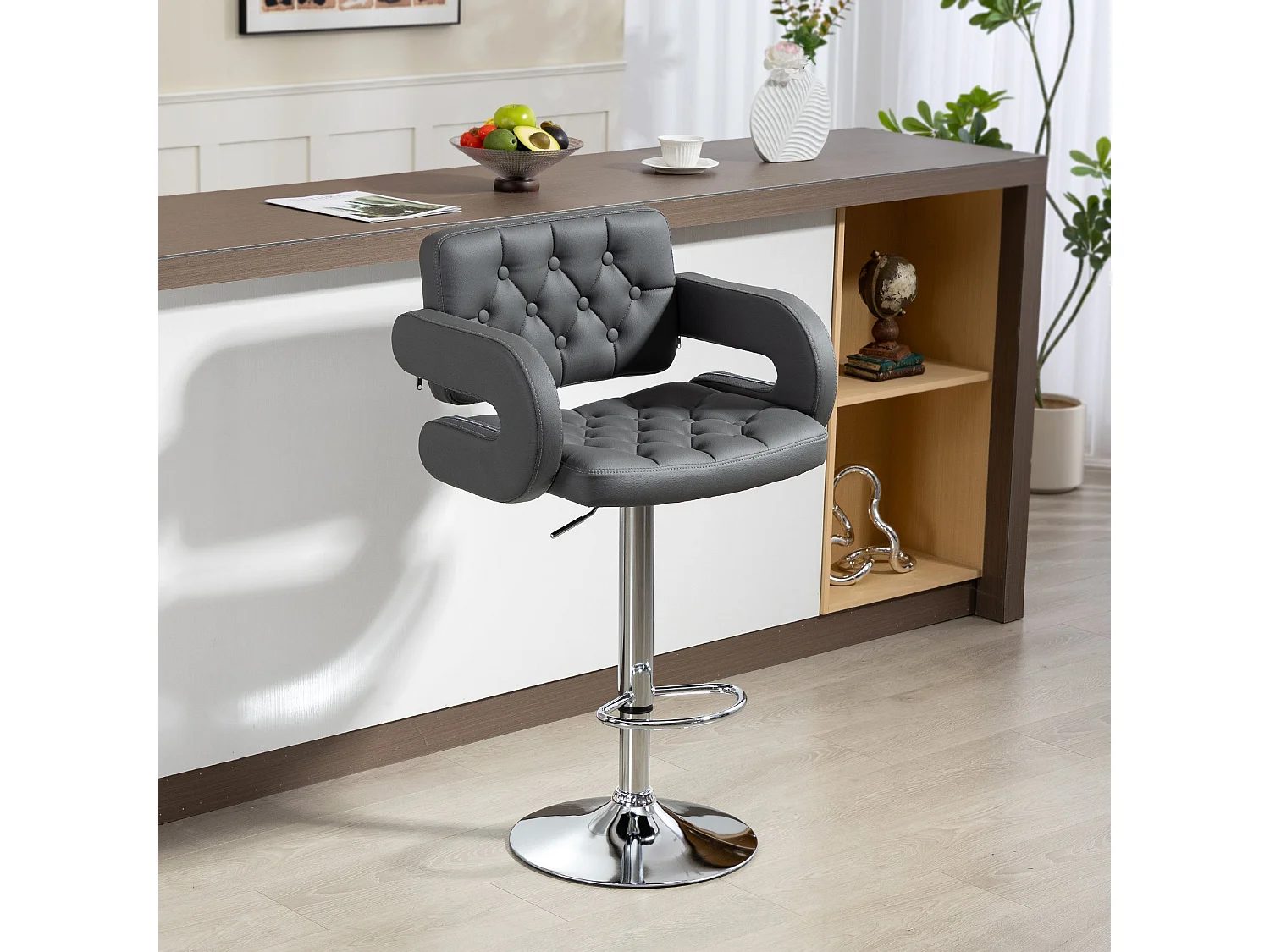 Sacorte Grey Faux Leather Adjustable Swivel Bar Stool with Armrests