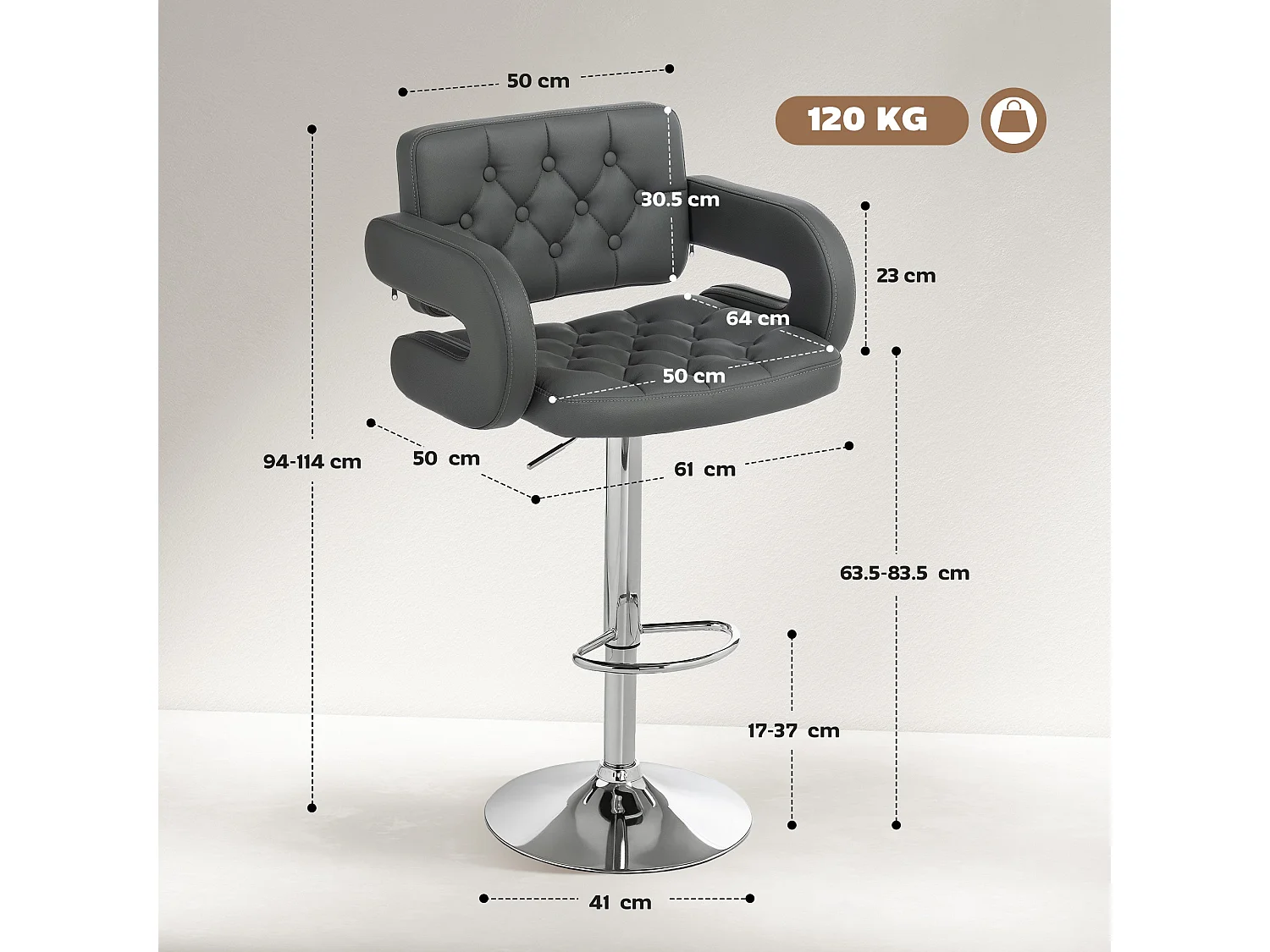 Sacorte Grey Faux Leather Adjustable Swivel Bar Stool with Armrests
