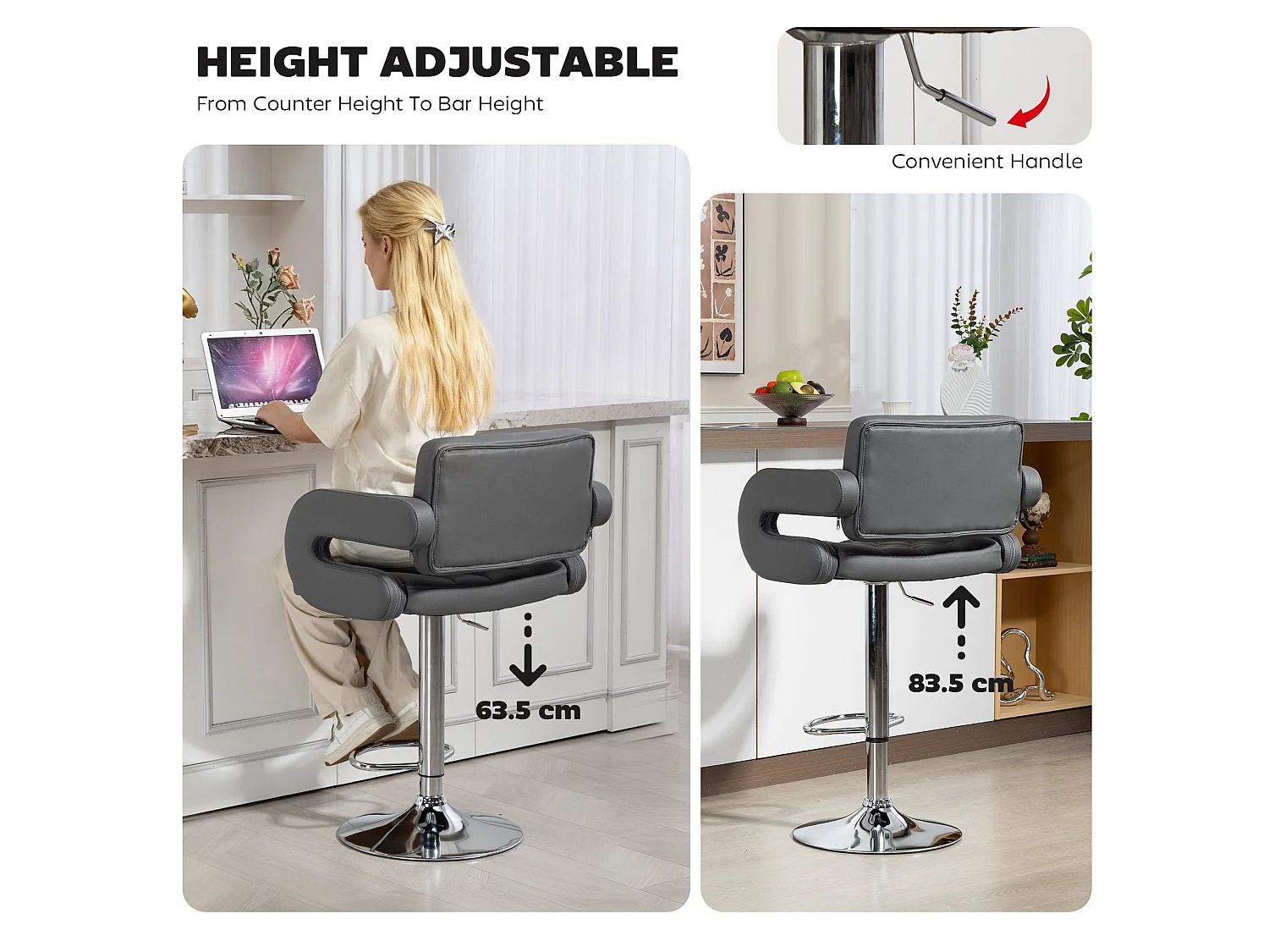 Sacorte Grey Faux Leather Adjustable Swivel Bar Stool with Armrests