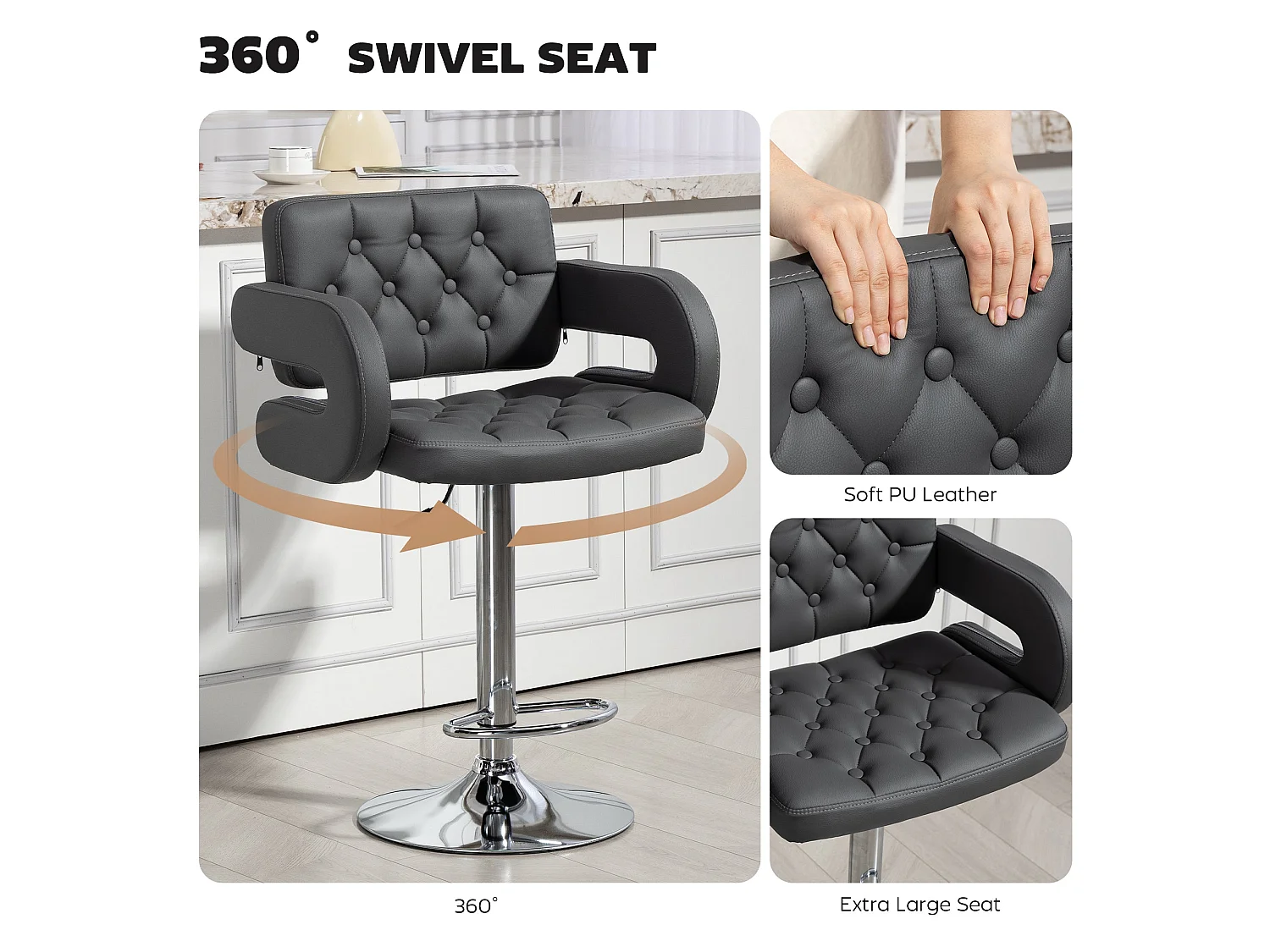 Sacorte Grey Faux Leather Adjustable Swivel Bar Stool with Armrests
