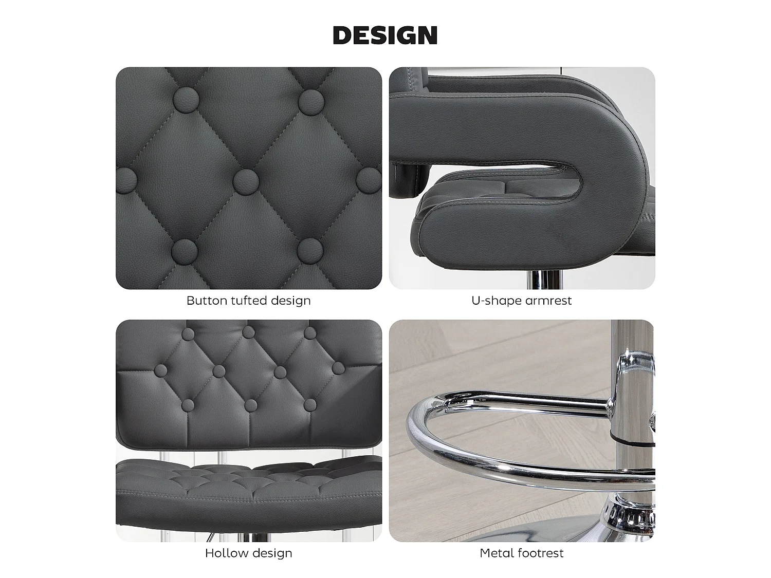Sacorte Grey Faux Leather Adjustable Swivel Bar Stool with Armrests