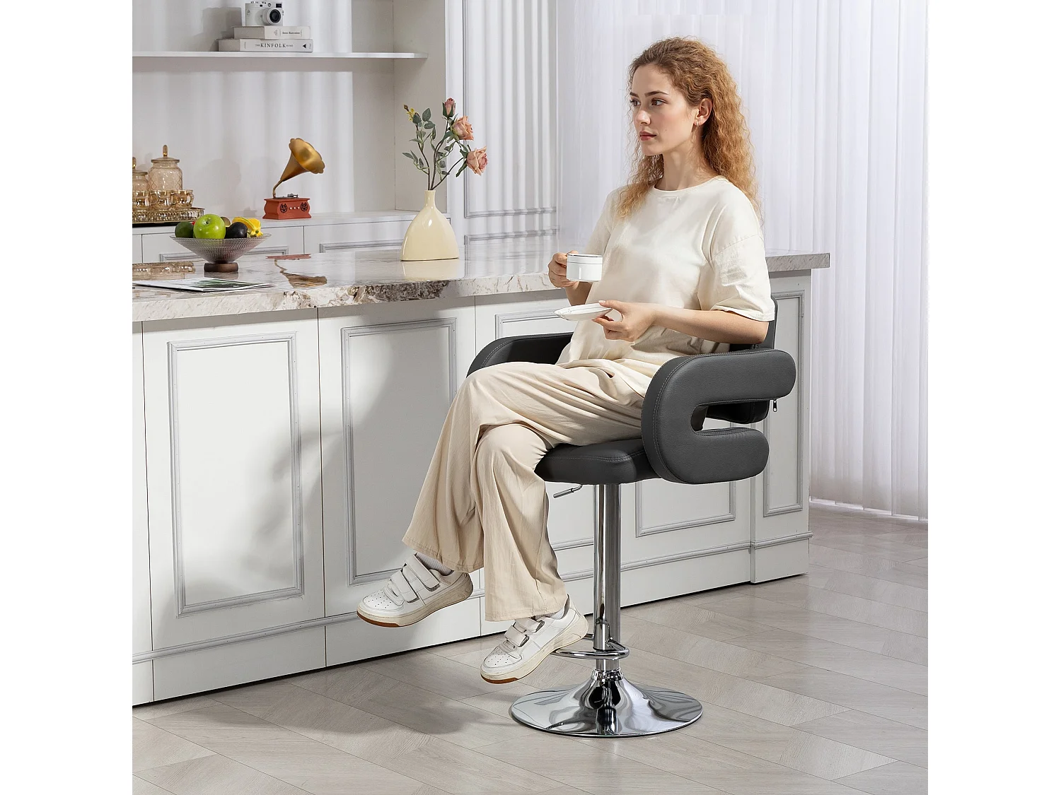 Sacorte Grey Faux Leather Adjustable Swivel Bar Stool with Armrests