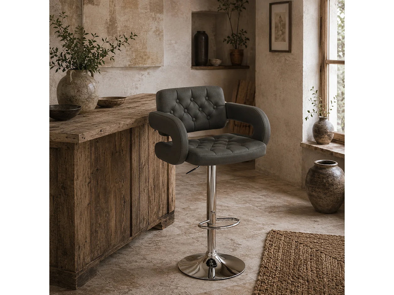 Sacorte Grey Faux Leather Adjustable Swivel Bar Stool with Armrests