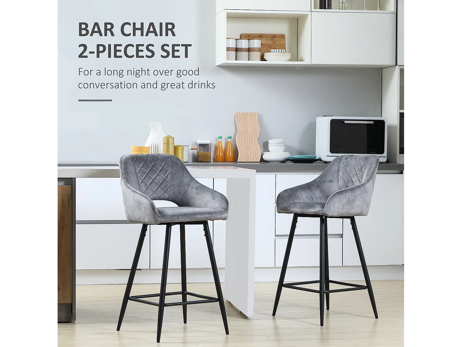 Zire Set of 2 Grey Velvet Feel Counter Bar Stools with Steel Legs