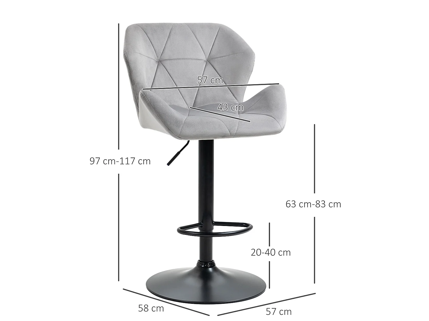 Savi Velvet Feel Grey Adjustable Swivel Bar Stools Set of 2 Sculpted Seat with Footrest