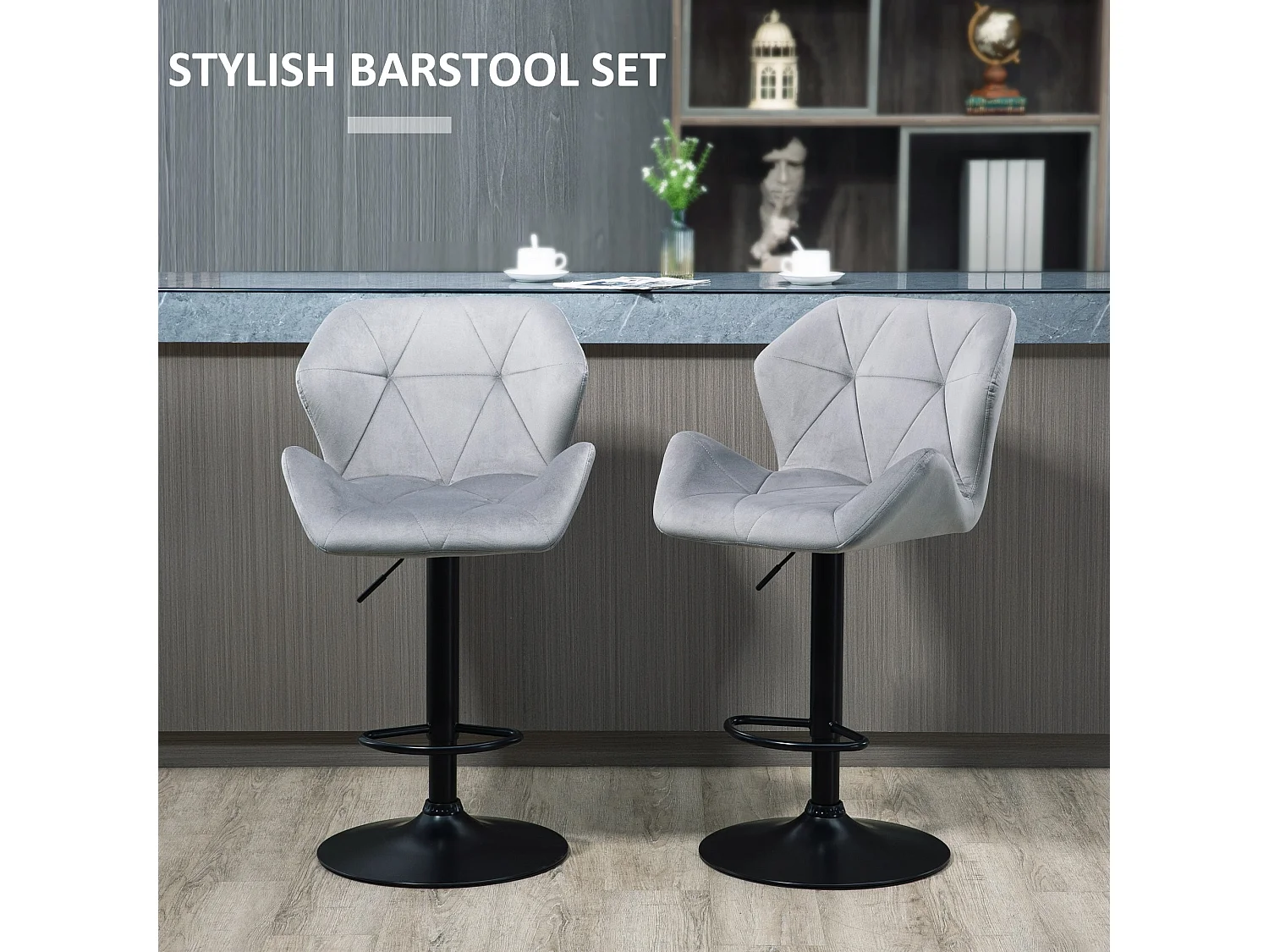 Savi Velvet Feel Grey Adjustable Swivel Bar Stools Set of 2 Sculpted Seat with Footrest