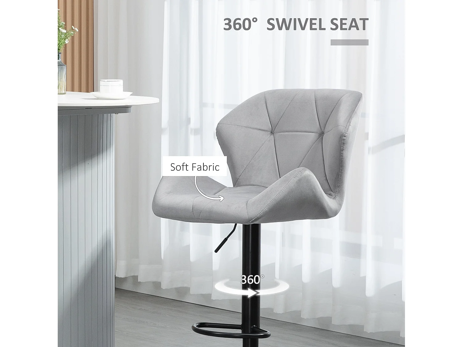 Savi Velvet Feel Grey Adjustable Swivel Bar Stools Set of 2 Sculpted Seat with Footrest