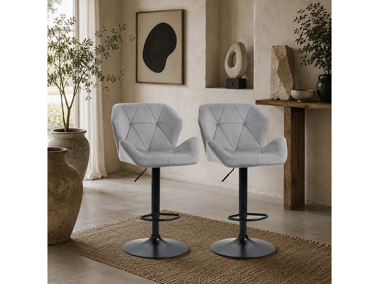 Savi Velvet Feel Grey Adjustable Swivel Bar Stools Set of 2 Sculpted Seat with Footrest