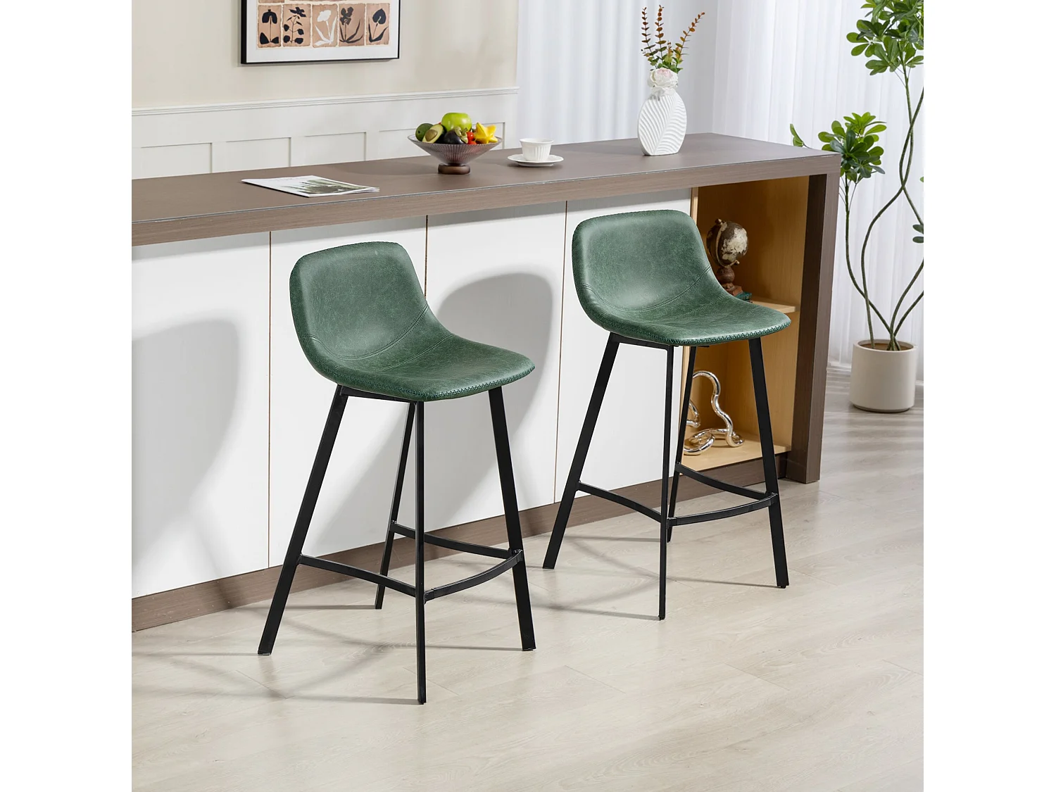 Noso Tane Set of 2 Green Faux Leather Counter Stools Powder Coated Steel