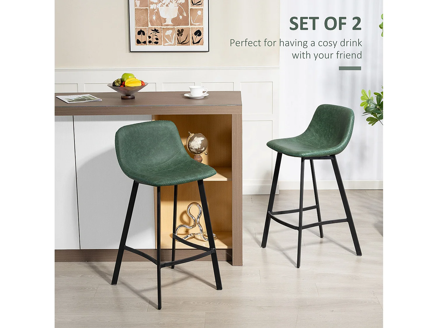 Noso Tane Set of 2 Green Faux Leather Counter Stools Powder Coated Steel