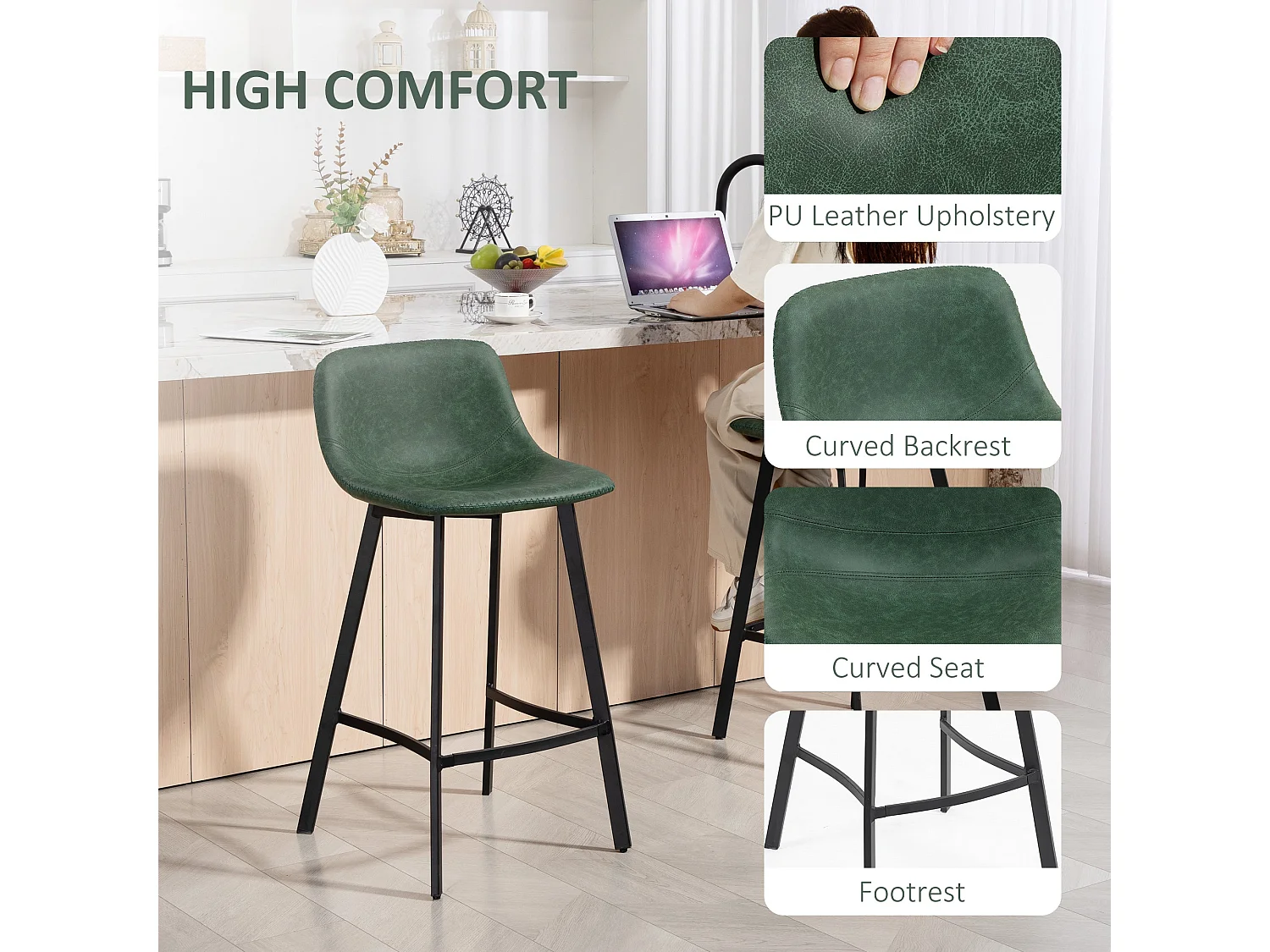 Noso Tane Set of 2 Green Faux Leather Counter Stools Powder Coated Steel