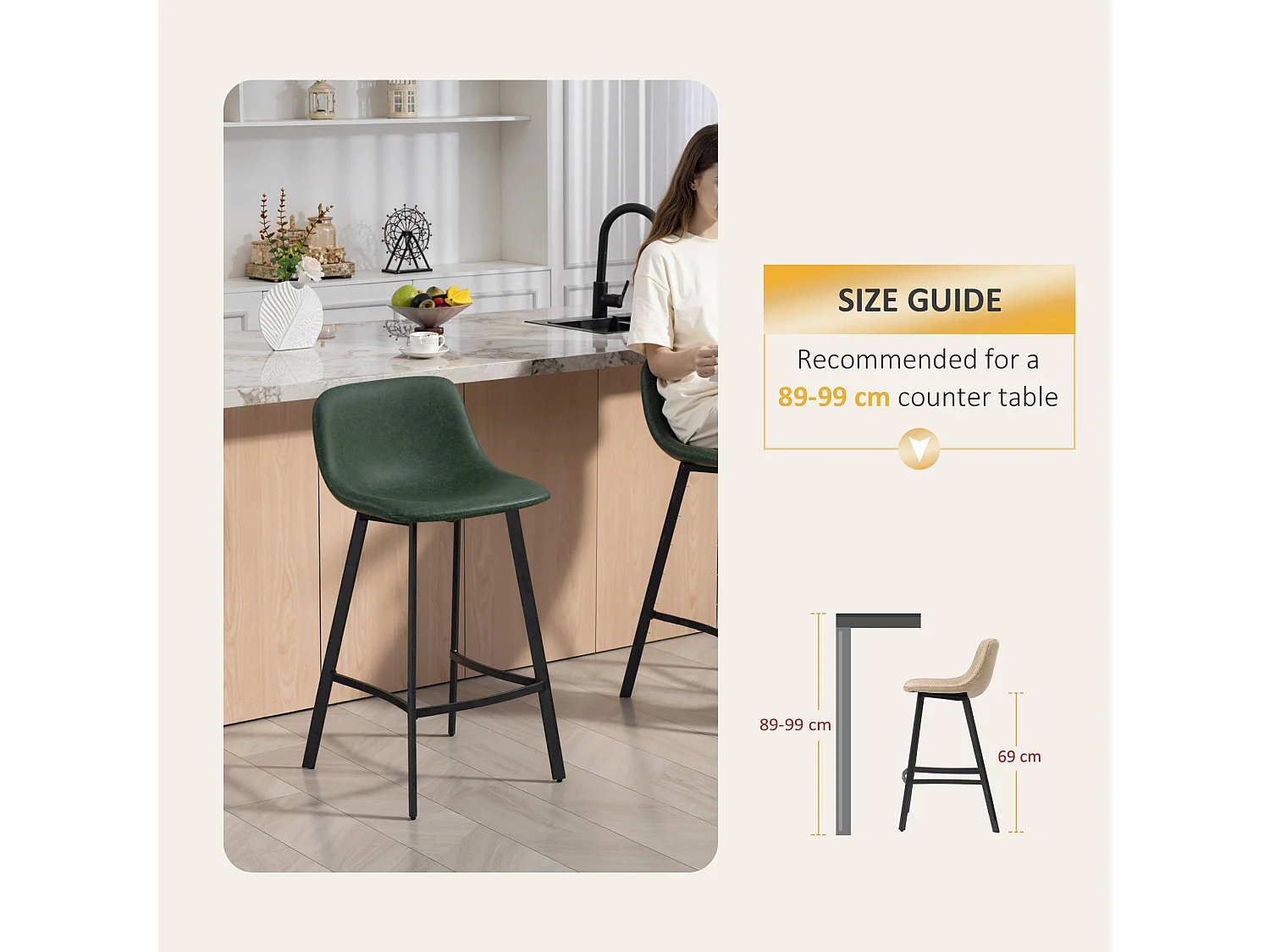 Noso Tane Set of 2 Green Faux Leather Counter Stools Powder Coated Steel