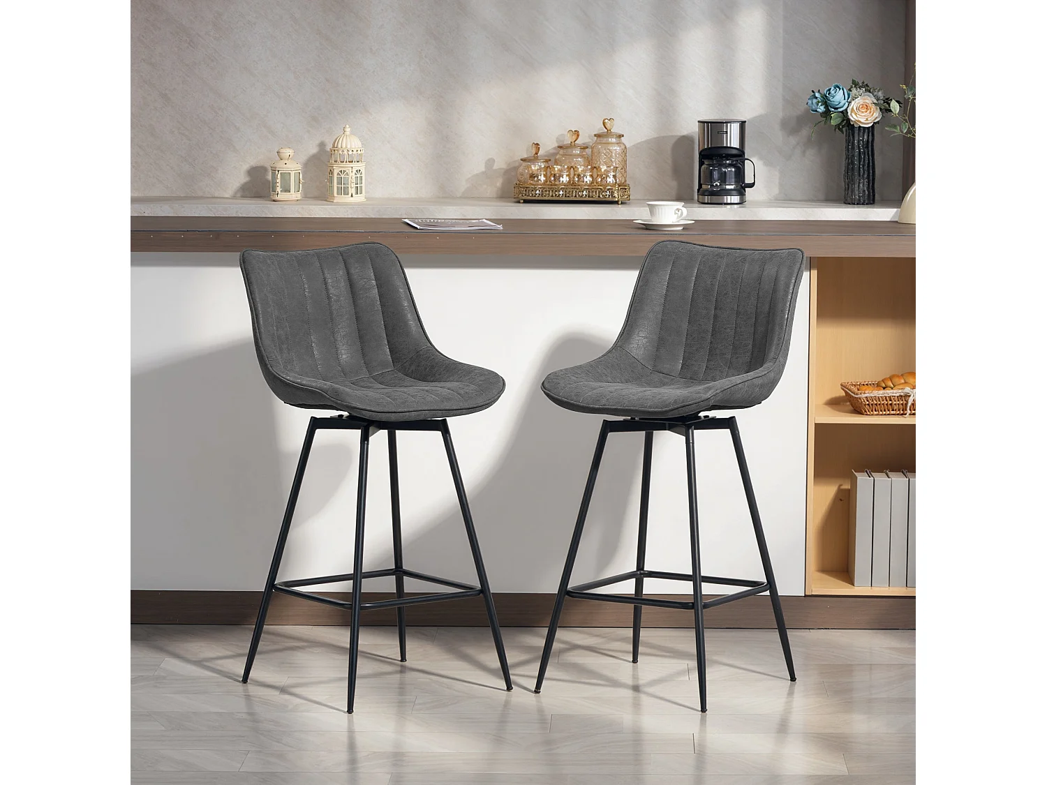 Pahara Set of 2 Grey Faux Leather Swivel Bar Chairs
