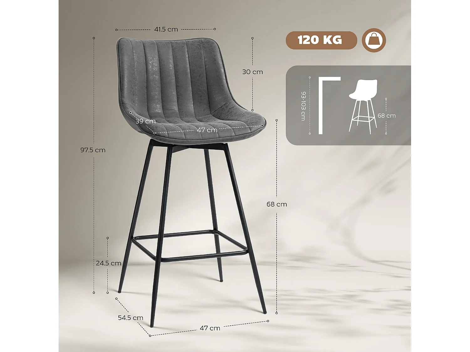 Pahara Set of 2 Grey Faux Leather Swivel Bar Chairs
