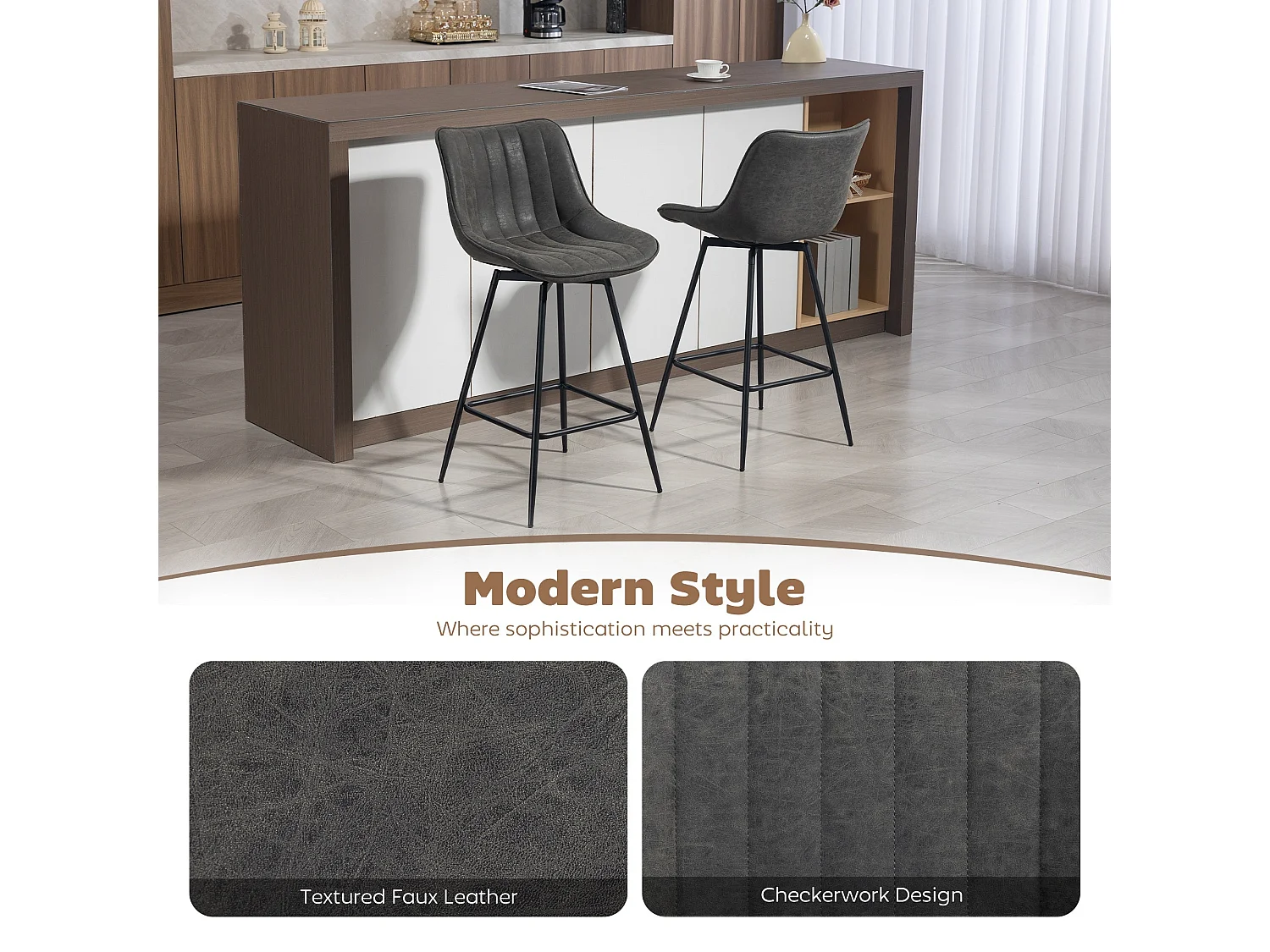 Pahara Set of 2 Grey Faux Leather Swivel Bar Chairs