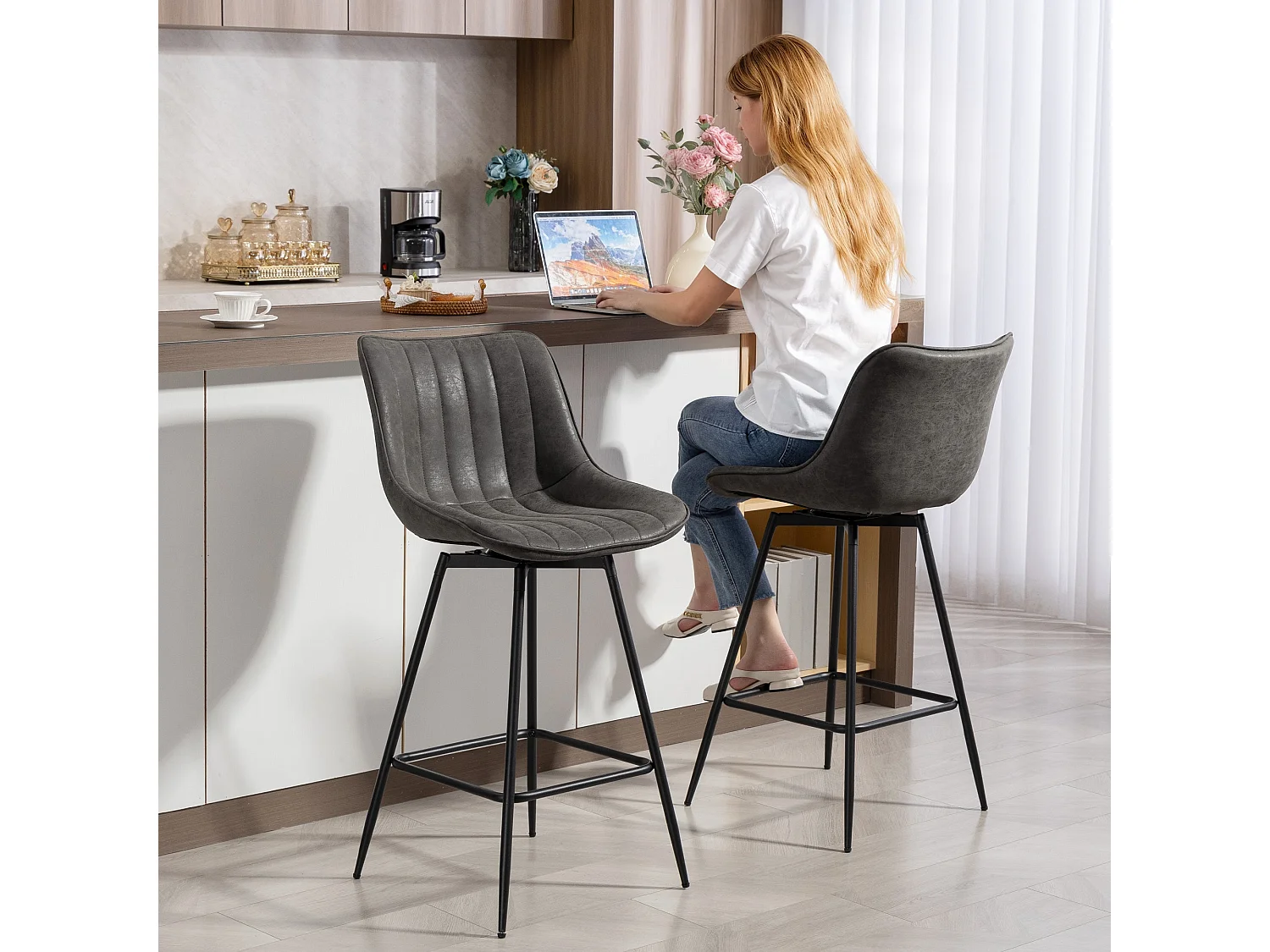 Pahara Set of 2 Grey Faux Leather Swivel Bar Chairs