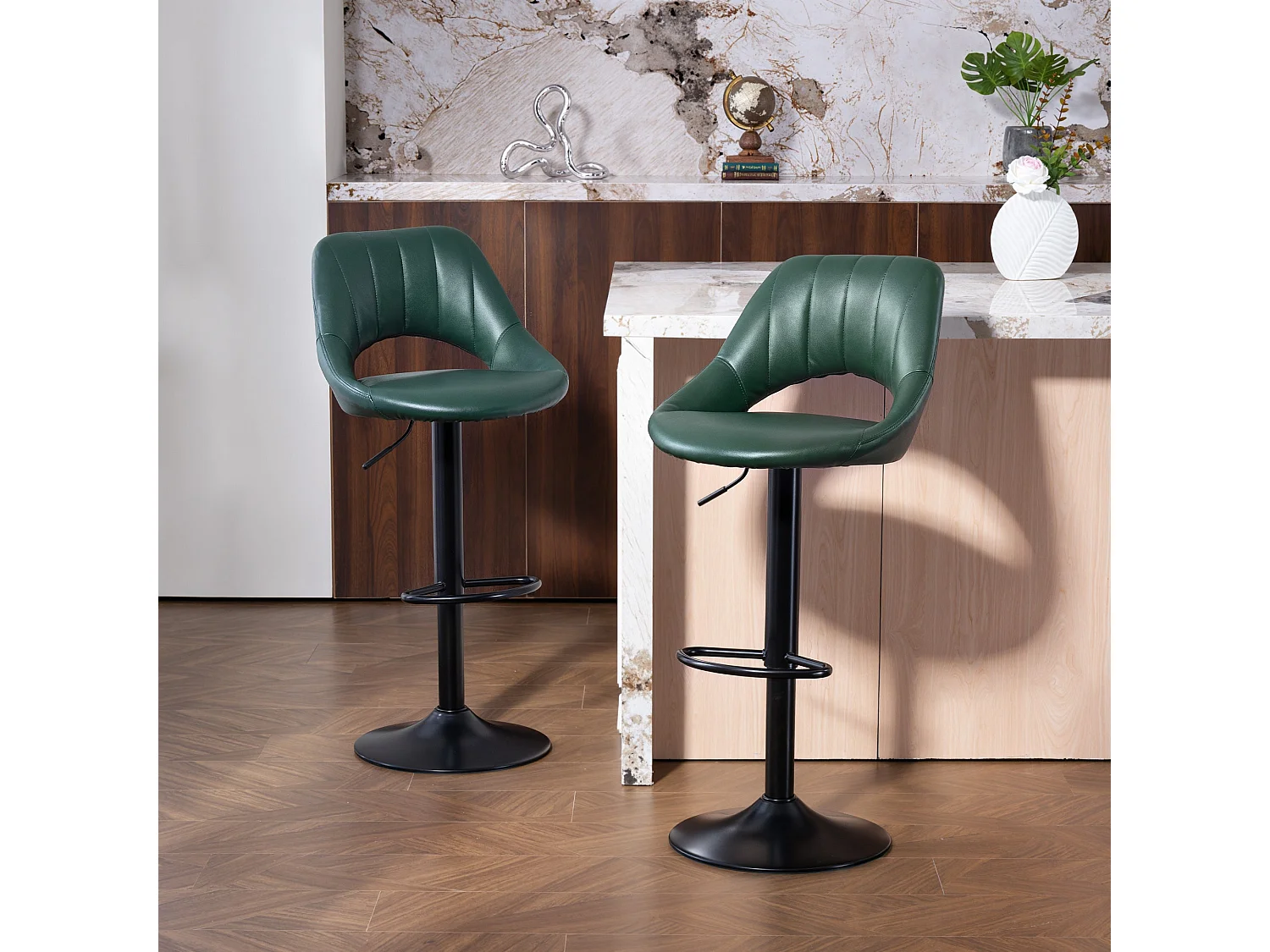 Nimba Set of 2 Dark Green Faux Leather Counter Stools Adjustable Swivel Steel Base