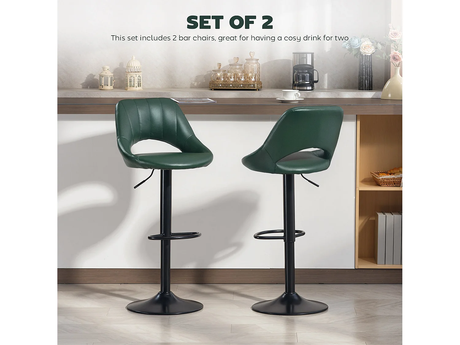 Nimba Set of 2 Dark Green Faux Leather Counter Stools Adjustable Swivel Steel Base