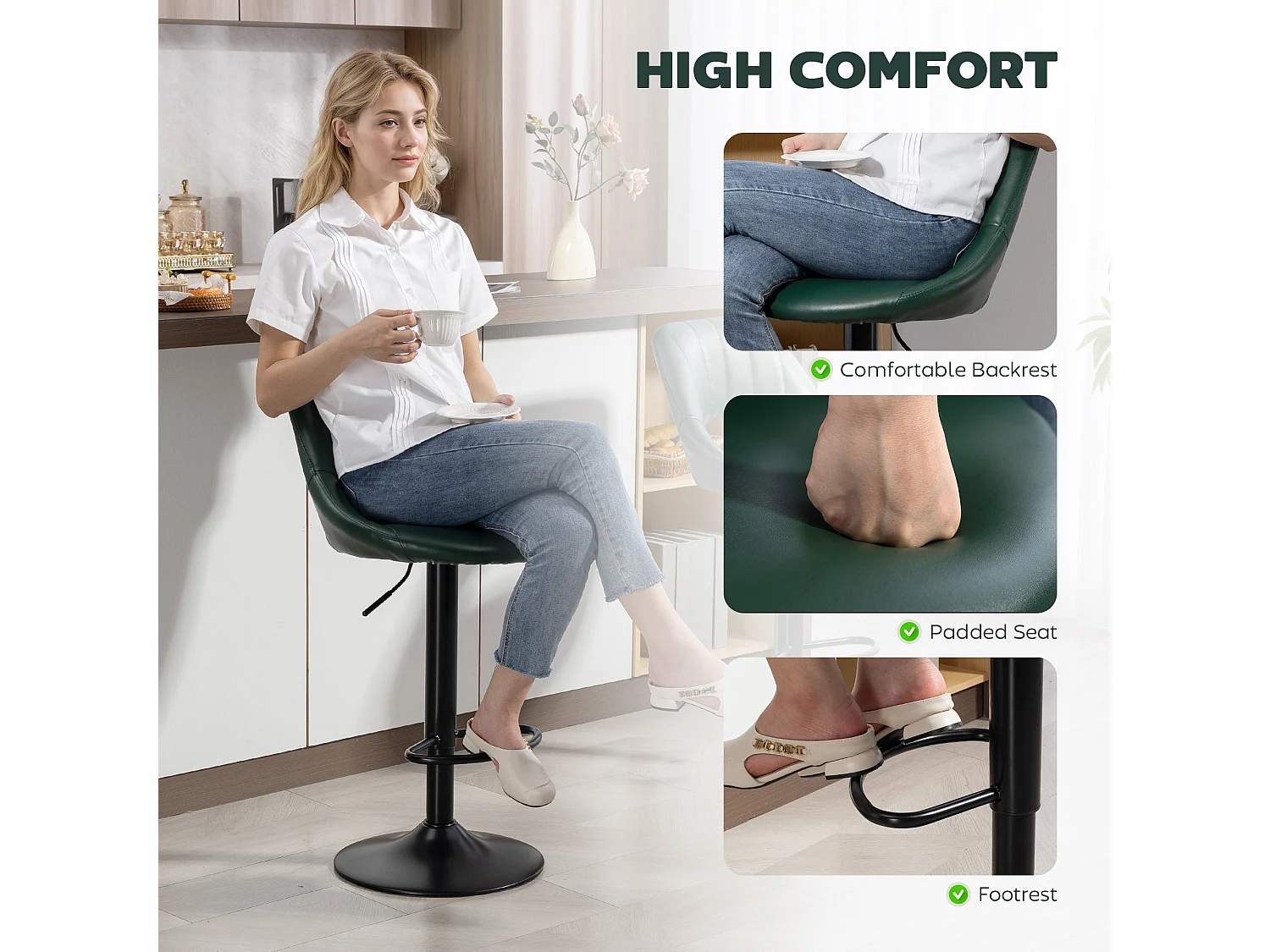 Nimba Set of 2 Dark Green Faux Leather Counter Stools Adjustable Swivel Steel Base