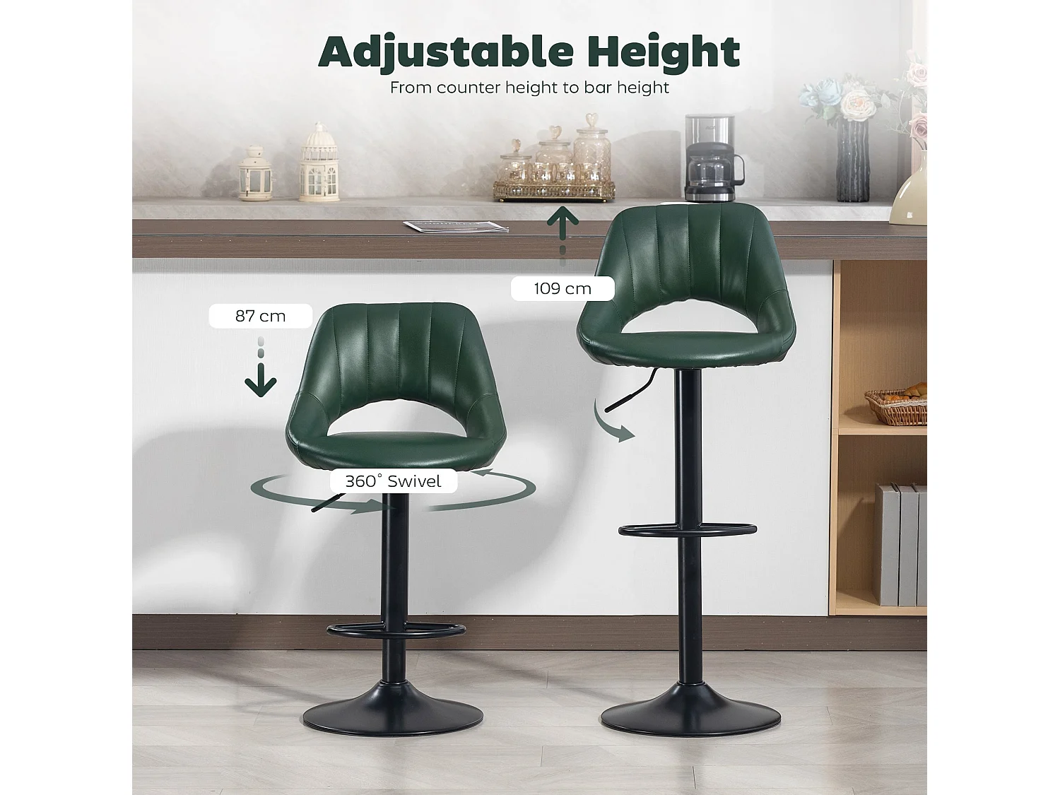 Nimba Set of 2 Dark Green Faux Leather Counter Stools Adjustable Swivel Steel Base