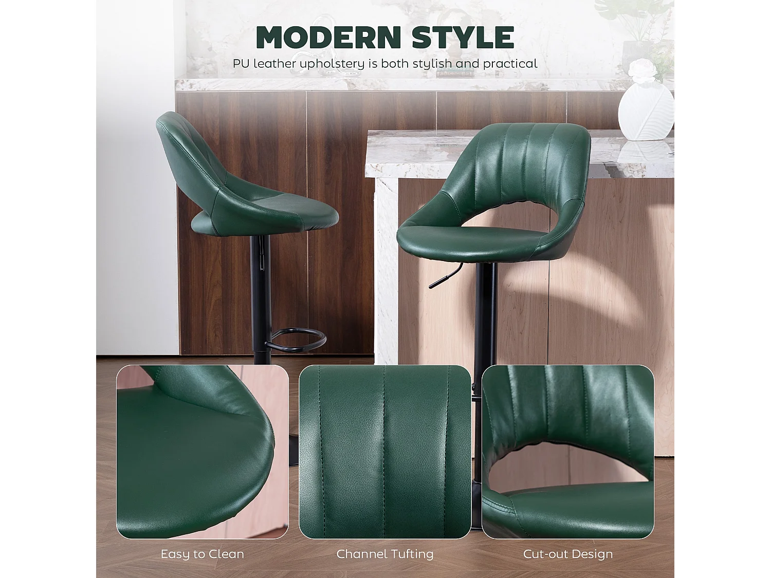 Nimba Set of 2 Dark Green Faux Leather Counter Stools Adjustable Swivel Steel Base