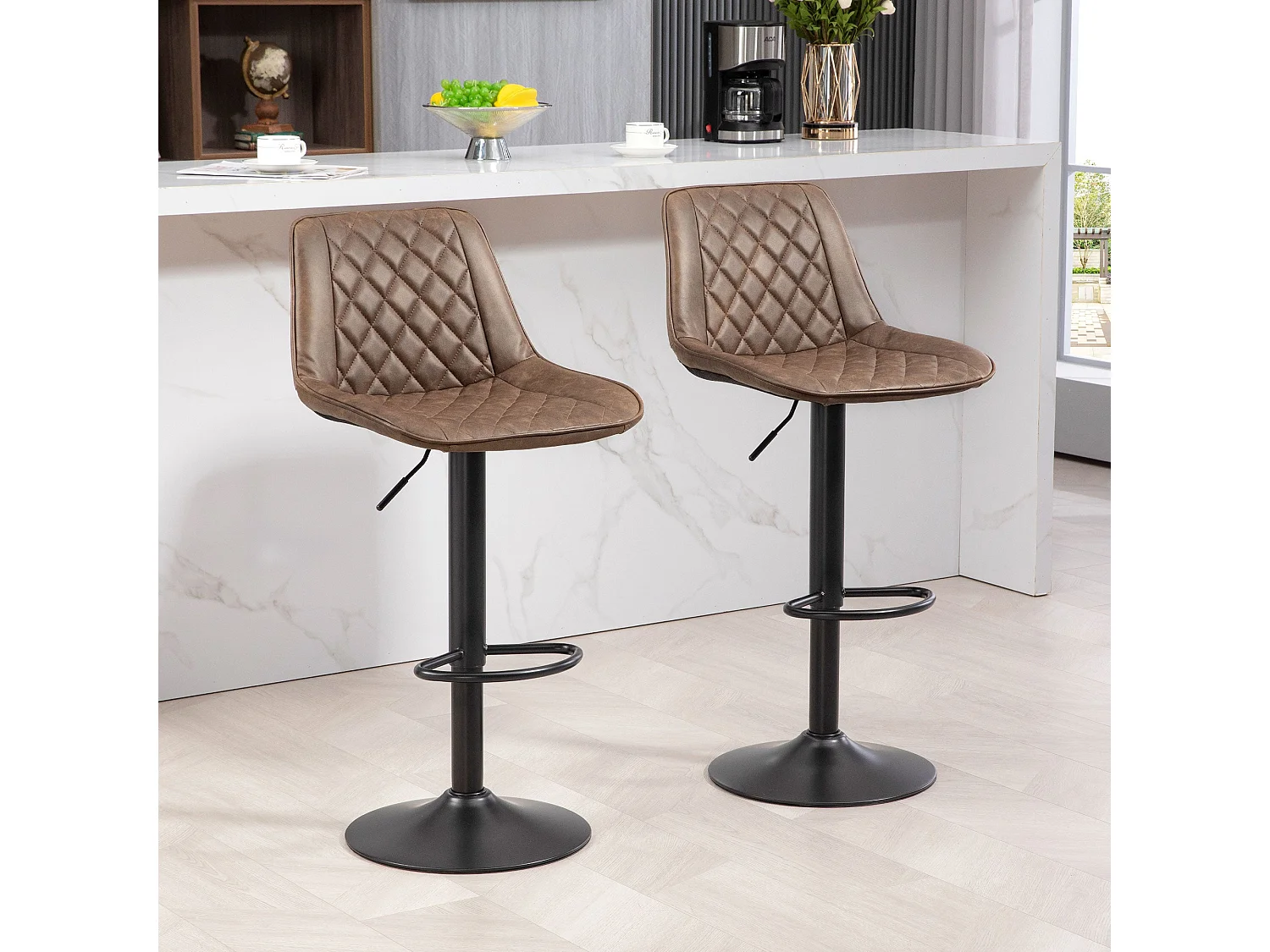 Tadilu Brown Faux Leather Adjustable Retro Bar Stools Set of 2 with Swivel Seats