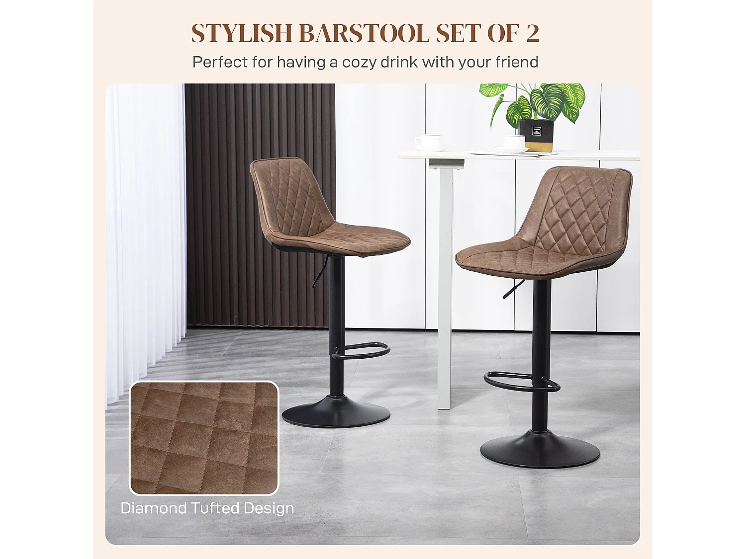 Tadilu Brown Faux Leather Adjustable Retro Bar Stools Set of 2 with Swivel Seats