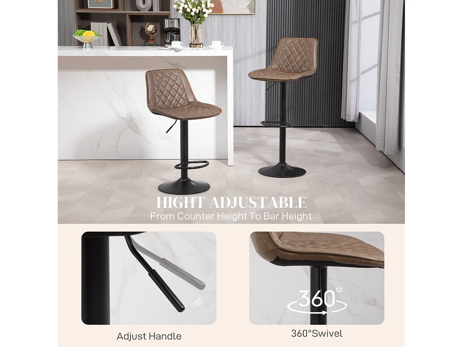 Tadilu Brown Faux Leather Adjustable Retro Bar Stools Set of 2 with Swivel Seats