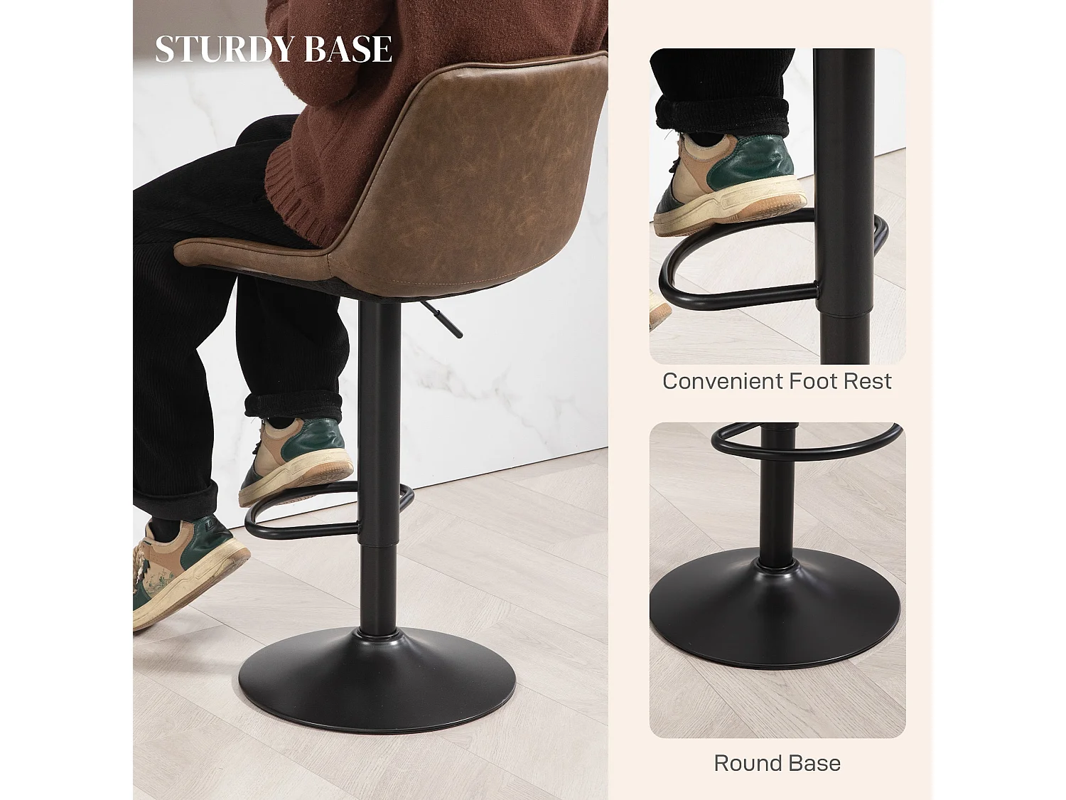 Tadilu Brown Faux Leather Adjustable Retro Bar Stools Set of 2 with Swivel Seats