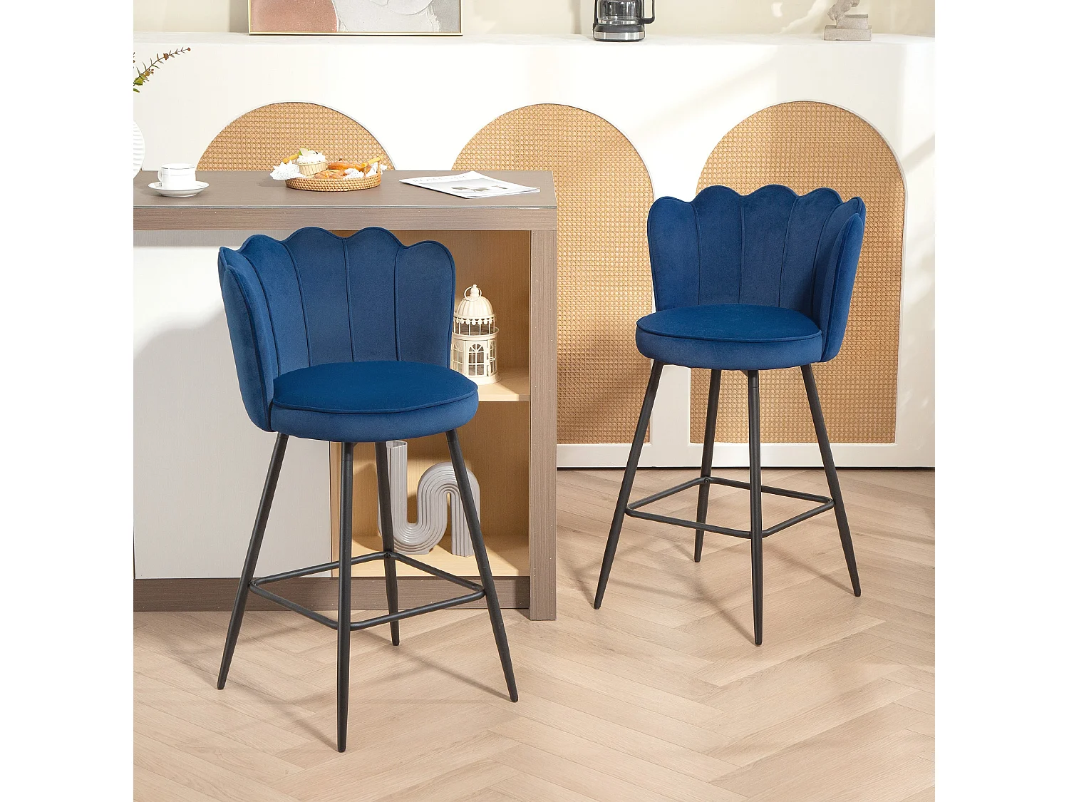 Yovafi Set of 2 Dark Blue Velvet Feel Lotus Bar Stools