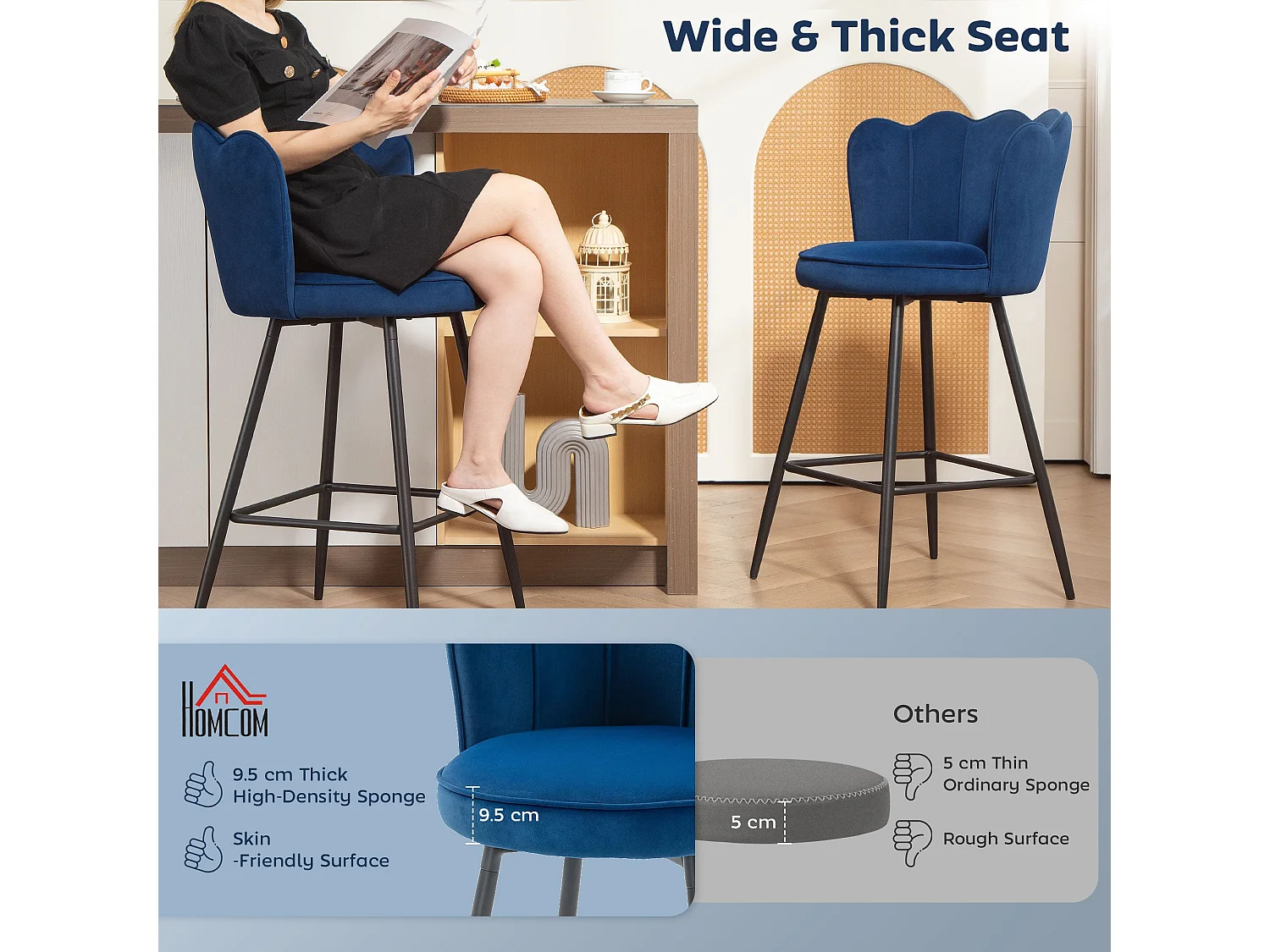 Yovafi Set of 2 Dark Blue Velvet Feel Lotus Bar Stools