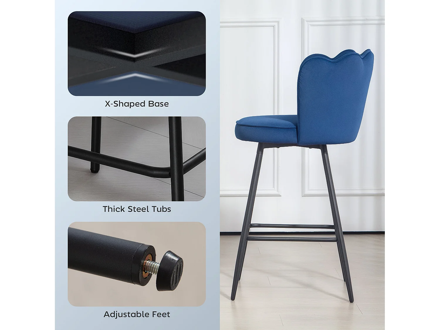 Yovafi Set of 2 Dark Blue Velvet Feel Lotus Bar Stools