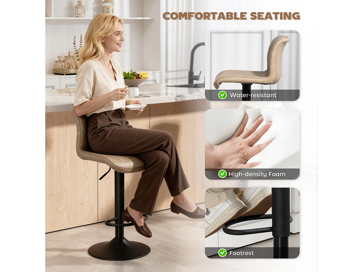 Salile Set of 2 Light Brown Faux Leather Adjustable Breakfast Bar Chairs with Backrest